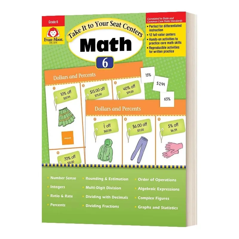Evan-Moor Take It to Your Seat Common Core Math Centers, Grade 6 Workbook,aged 9 10 11 12, English book 9781609637859