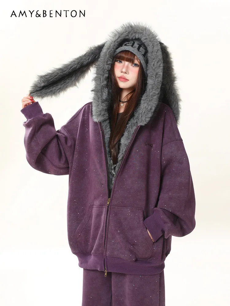 

Spring and Autumn New American Style Purple Red Starry Sky Fur Collar Rabbit Ear Fleece Hoodie Women's Loose Casual Long Pants