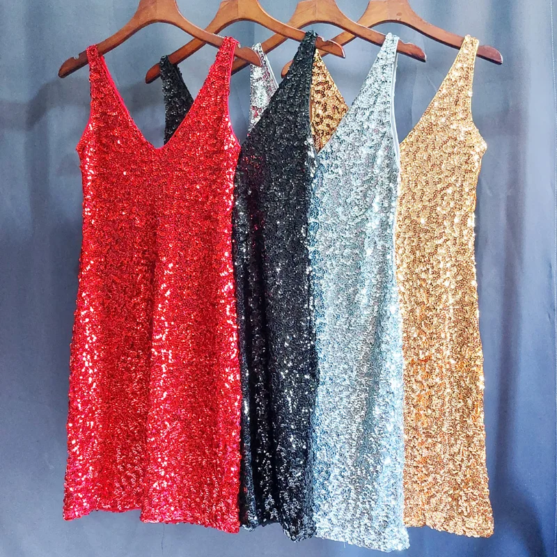 Fashion Female Performance Clothes Sequins Sexy Dresses Undershirt Overhead Korean Temperament Thin Banquet Small Dress