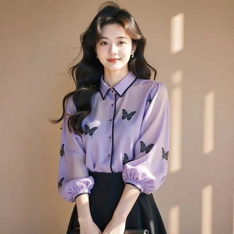 

Purple Butterfly Print Flounce Sleeve Sun Protection Shirt