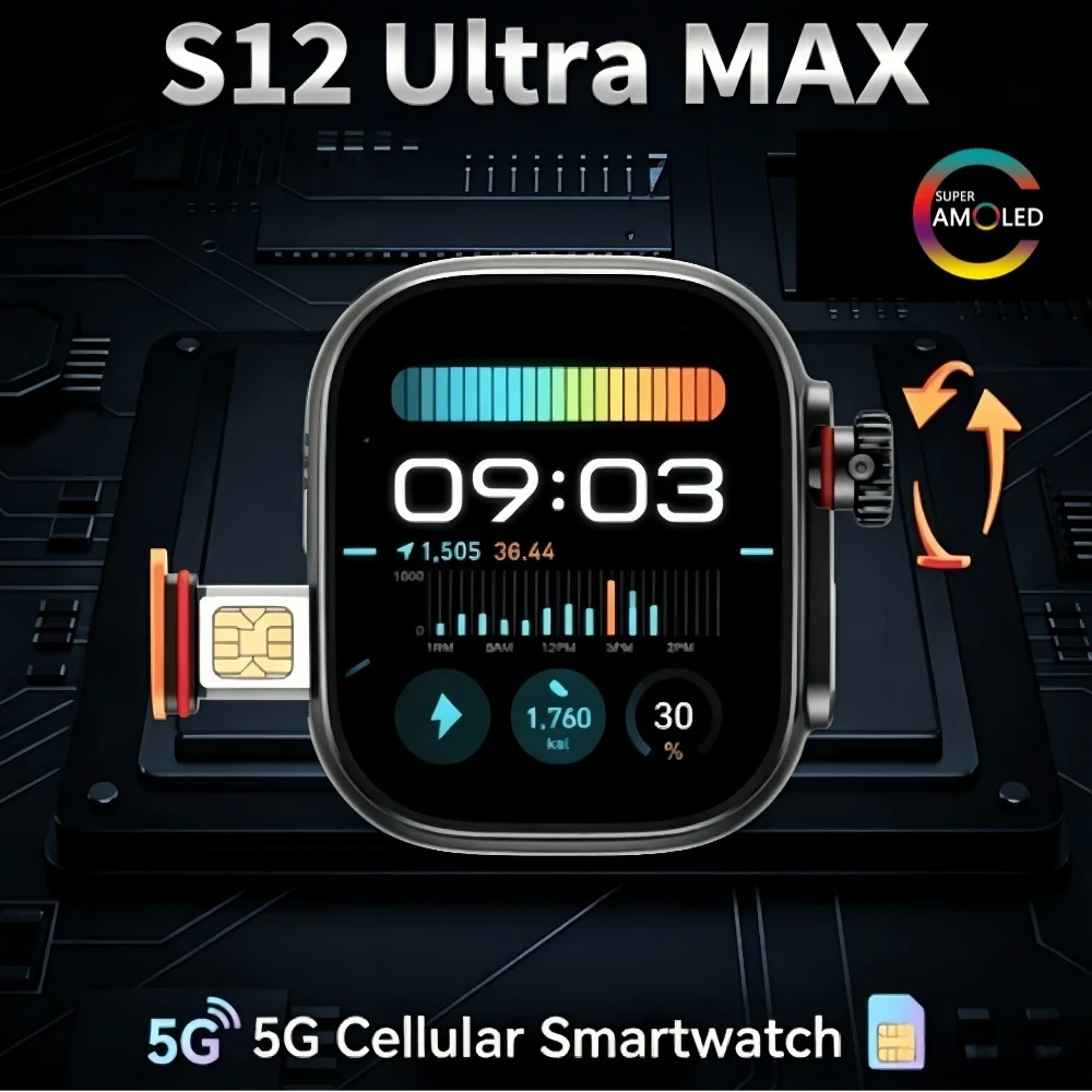 Montre connectée S12 Ultra MAX version globale Android 12.0, écran AMOLED 2,29 pouces, avec caméra rotative, GPS, WIFI et mode multisports.