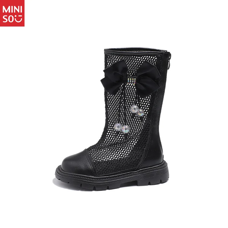 Sepatu Martin Musim Panas Miniso 2025 untuk Anak Perempuan, Sepatu Tinggi Berbahan Jaring yang Bernapas untuk Anak-Anak yang Lebih Besar