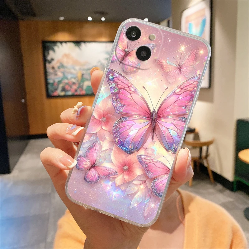 Phone Case For iPhone 16E 15 16 14 13 12 11 Pro Max XS Max 7 8 16 Plus SE2 Soft TPU Clear Cover floral and butterfly patterns #5