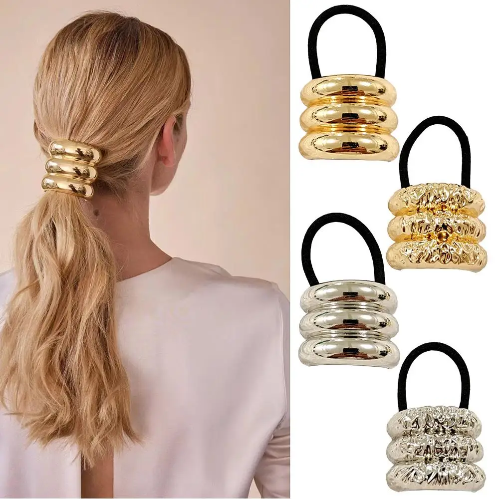 

4Pcs/Pack Irregular Alloy three layers Hair Ties Rope Gold Metal Ponytail Holder Elastic hair Bands Hair Accessories whoelsale