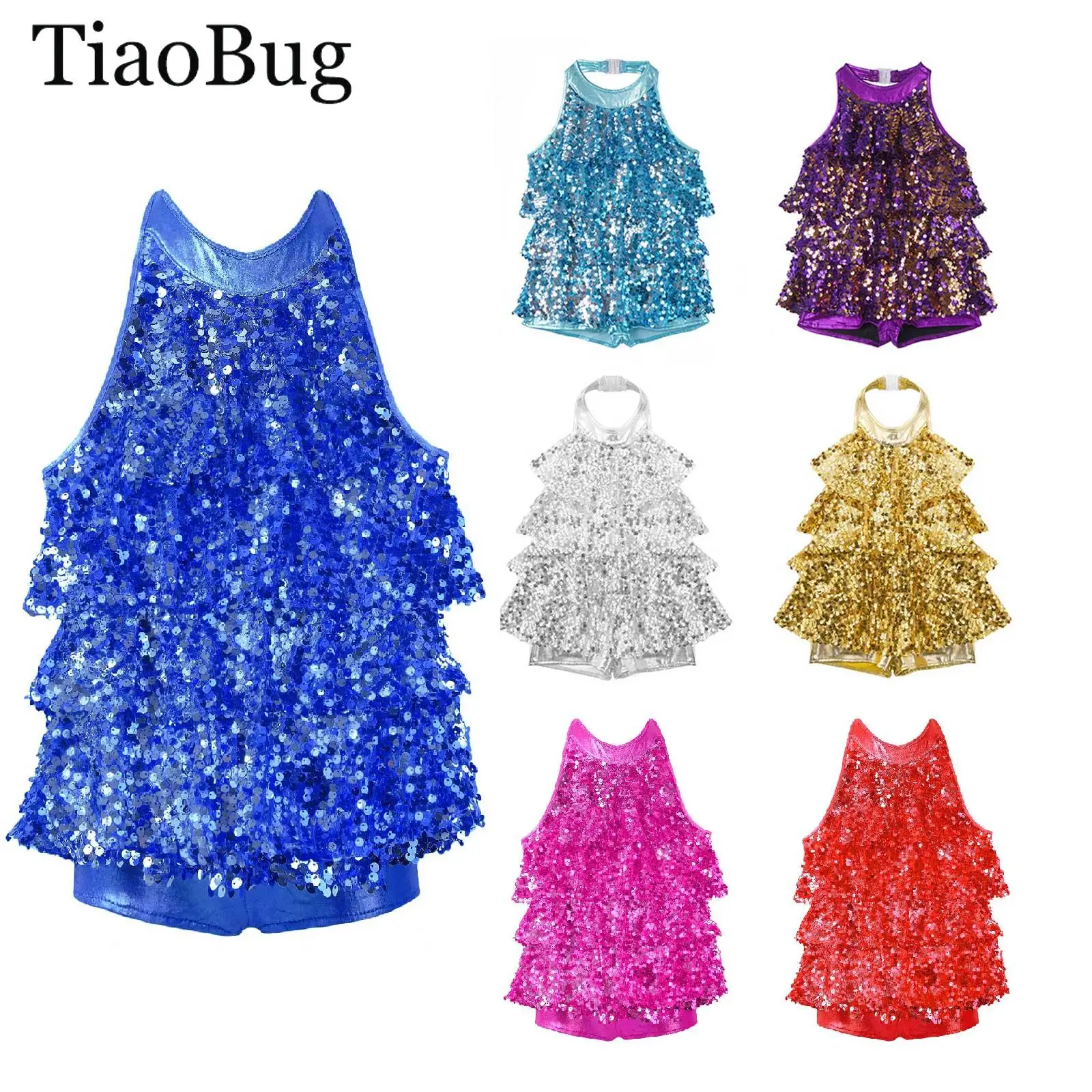 

Kids Girls Shiny Sequin Halter Ballet Dance Shorty Unitard Dress Jazz Dance Leotard Modern Latin Salsa Samba Rumba Dancewear