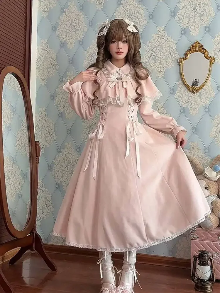 لوليتا Kawaii مقوس دانتيل ضمادة فستان فرنسي أنيق الحلو فستان الأميرة المرأة الخريف الكورية موضة خمر الوردي ميدي فستان #2