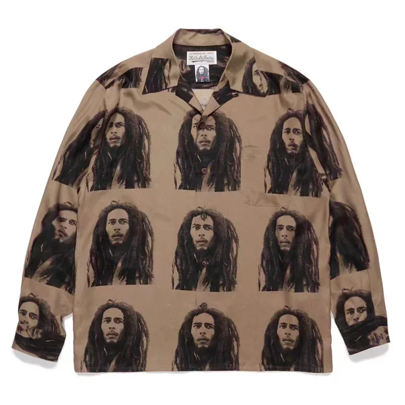 

Khaki WACKO MAR Long Sleeve Shirt Men Woman Fashion Casual Rock and Roll Portrait Printing All-match Breathable