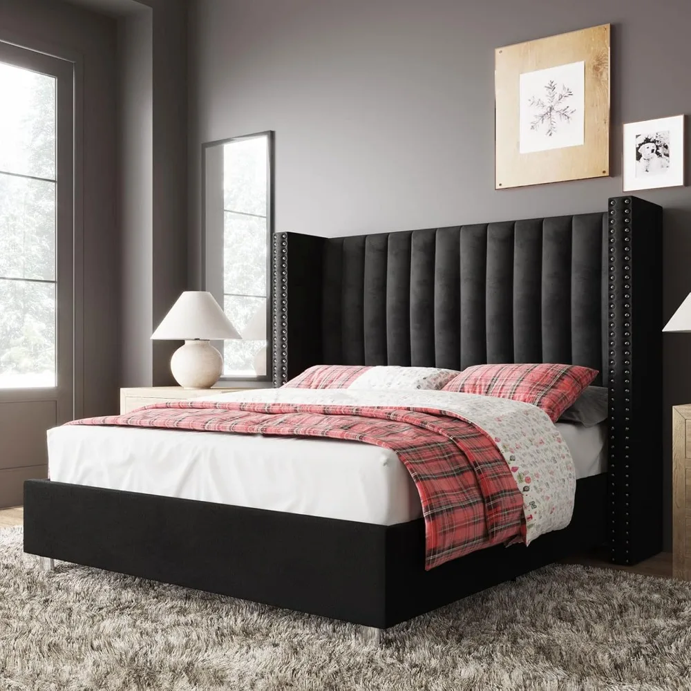 Queen Size Bed Frame Upholstered Platform Bed with Tall Headboard Wingback, Velvet Vertical Channel Tufted, No Box Spring Needed