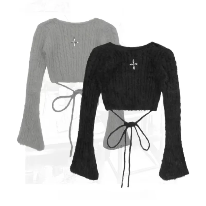 

Сексуальный эстетический укороченный свитер Y2k, женский повседневный модный тонкий вязаный пуловер с металлическими расклешенными рукавами, корейский женский джемпер, топы