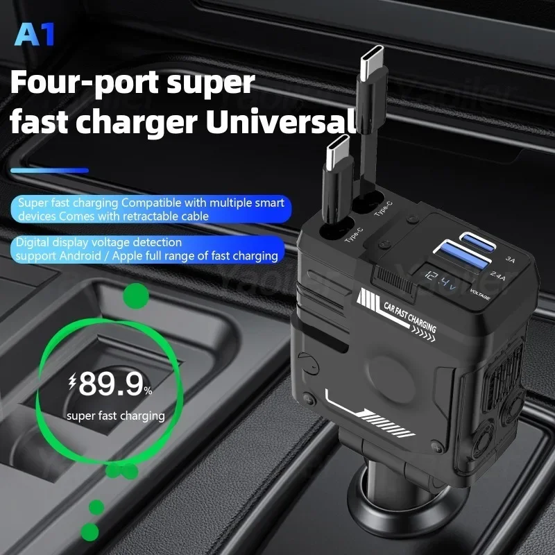 NEW  4 in 1 Super Fast Car USB Phone Charger with Retractable Cables 2 USB Ports Car Charger Adapter for iPhone Huawei Samsung