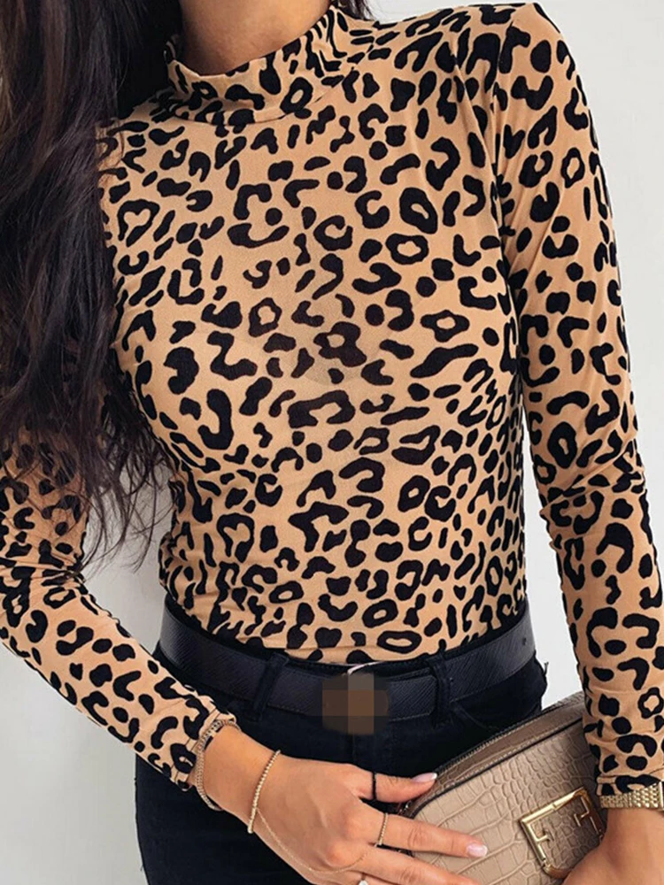 Women Blouses Fashion Leopard Print Turtle Neck Blouse Autumn Long Sleeve Shirts Party Ladies Clothes Womens Blouses And Tops