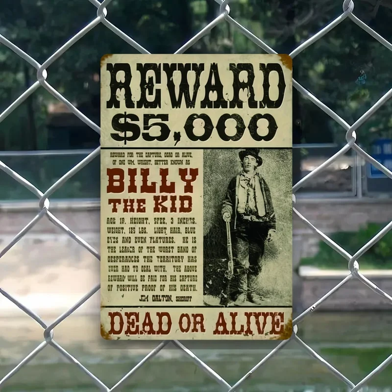 Décoration murale vintage Billy The Kid - Panneau métallique rustique de 5 000 $, motif « Dead or Alive » - pour salon, café, maison