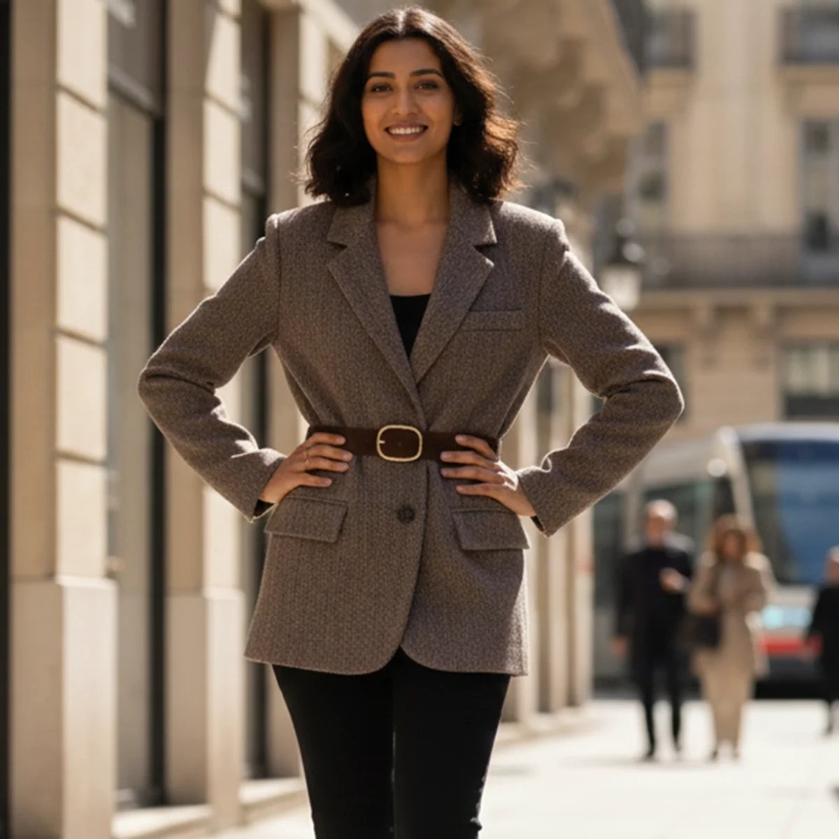 

Women's Brown Herringbone Blazer Suede Belt Lapel Pocket Design Single-Button Elegant Formal Casual Outerwear Warm Winter Jacket