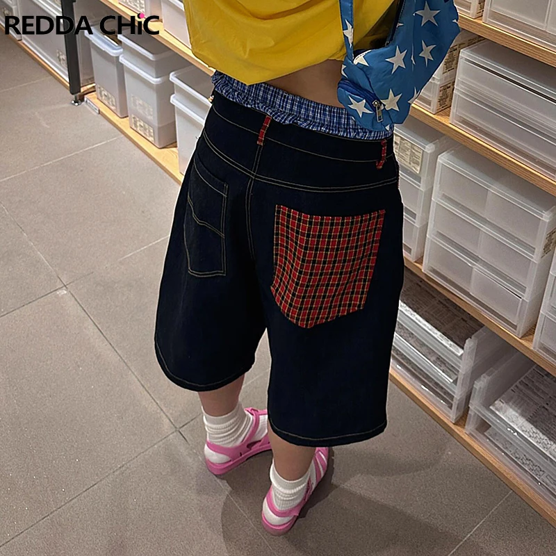 ReddaChic-Tartan Retro Preto Baggy Jeans para Mulheres, Low Rise, Spliced Xadrez, Calças Jeans Perna Larga, Harajuku Streetwear, Y2k