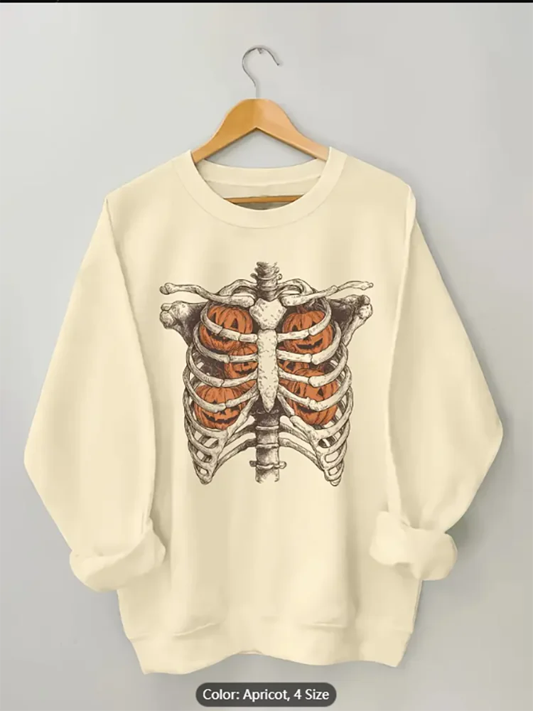 Womens Sweatshirt Skeleton Pumpkin Ribcage Graphic Print Casual Oversized Pullover Top for Halloween Style Lovers Pure Cotton
