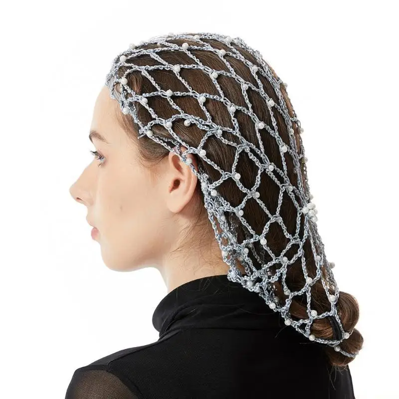 31BF Vintage Women Crochet Hat Artificial Pearls Decors Hair Net for Cultural Event
