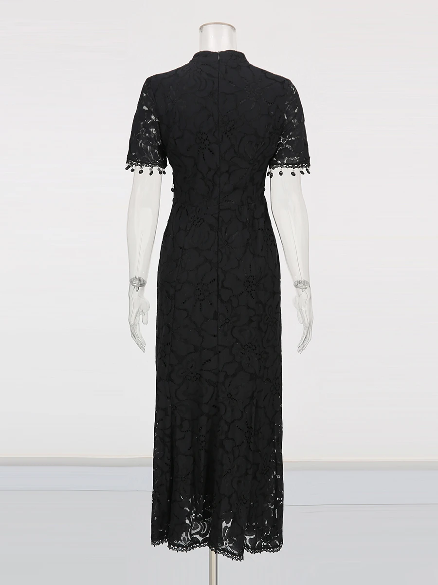 TWOTWINSTYLE Solid Simming พิมพ์ชุดเดรสสําหรับสตรีรอบคอแขนสั้น SHEER Patchwork ชุดลูกไม้หญิงแฟชั่น