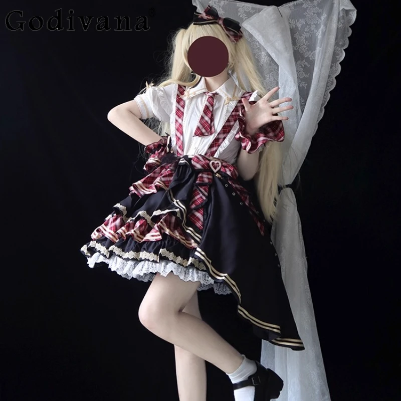 Mulheres verão lolita traje jsk terno camisa de manga curta rendas até gravata costura suspender saia roupas meninas vestido xadrez conjunto