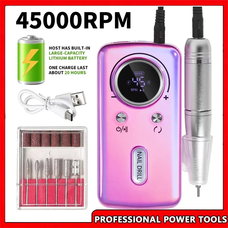 

Электрическая дрель для ногтей, 45000 об/мин, портативная перезаряжаемая гелевая шлифовальная машинка для ногтей для домашнего маникюрного салона, профессиональная пилочка для ногтей, лак