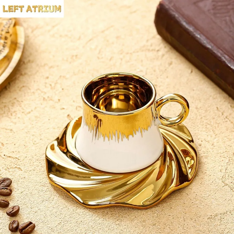 High Quality Middle East Saudi Arabia Ceramic Plated Coffee Cup Plate Set Golden Cup and Saucer Gift Box Set