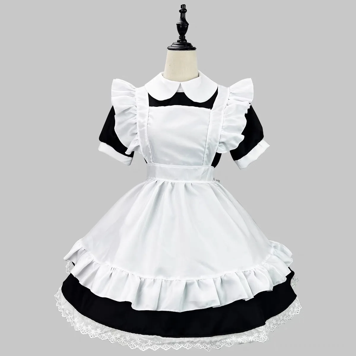 Falda de encaje negro gótico Lolita a medida, delantal de encaje con volantes blancos, vestido de manga corta estilo sirvienta