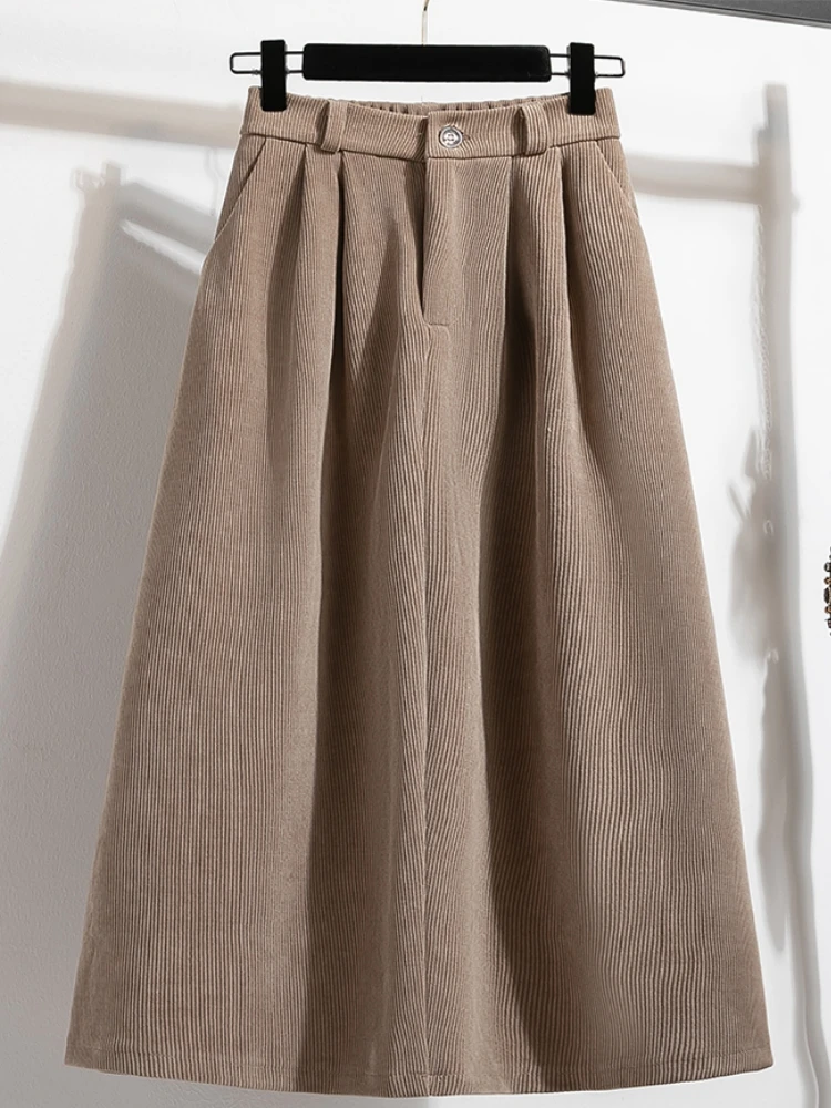 100% Cotton Mid Long Skirt Womens Corduroy Skirt 2024 Autumn Winter Korean Vintage High Waist Ruffle Oversized Pleated Skirt 3XL