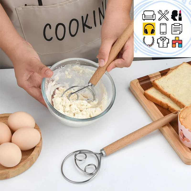 10Inch Hand Blender DIY Danish Bread Stainless Steel Bakeware Dough Whisk Egg Beater Mixer Tool Wood Handle