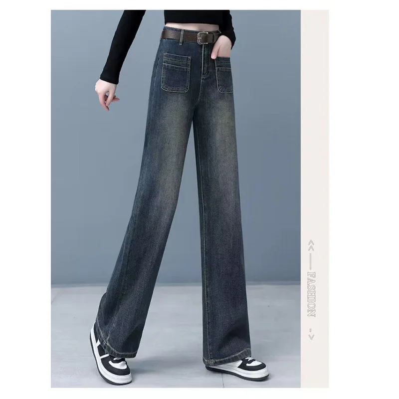 

Retro Denim Wide Leg Pants Women High Waist Loose Fitting Straight Jeans Autumn Casual Pocket Zipper Trousers