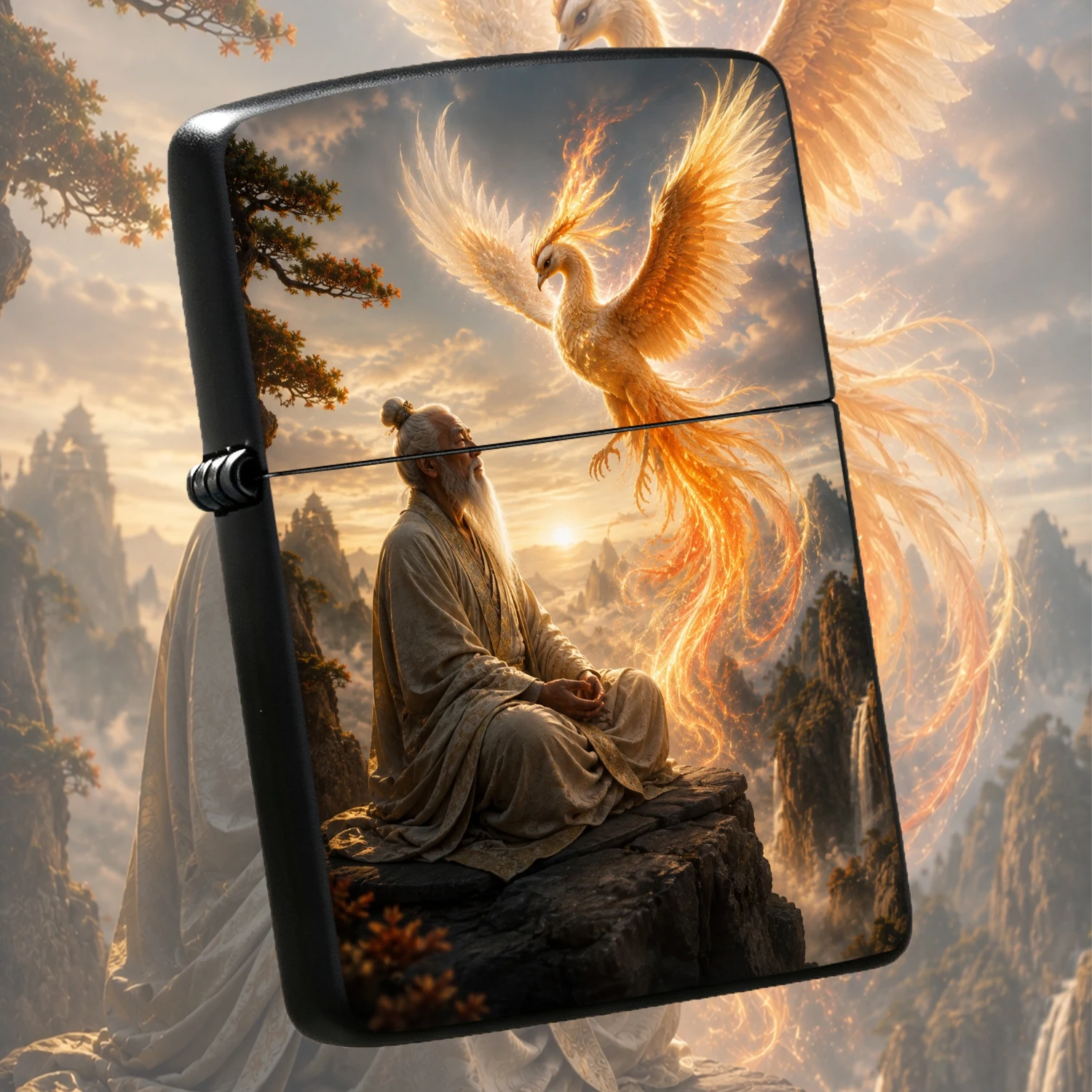 Eastern Style Style Mythology Lighter, Zen Sage And Glowing Phoenix Design, Sunrise Sea Of Clouds Mountain Scene Art Piece, Exquisite Oriental Aesthetic Accessory, Ideal For Daily Use Gifting Collection, Fits All Scenarios As Distinctive De