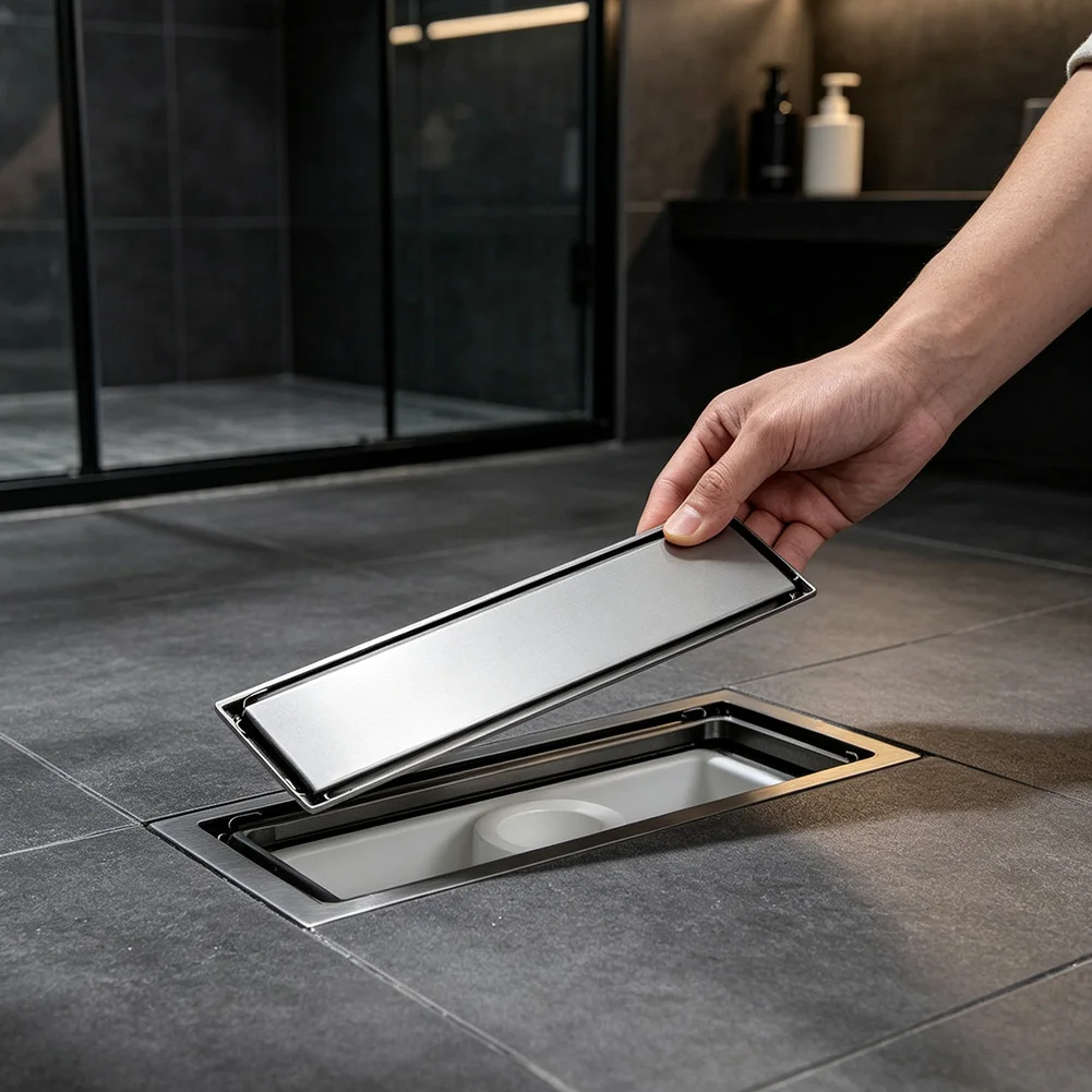 Invisible Linear Shower Drain, Center Outlet Floor Drain With Deep Water Trap, Stainless‑Steel Odor‑Proof Waste Drain