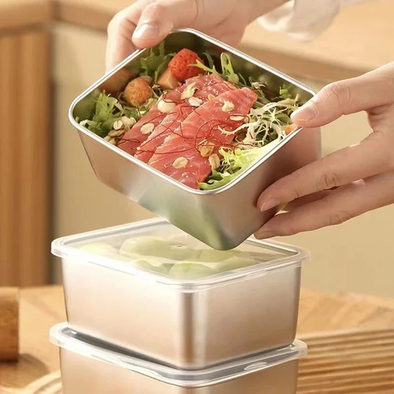 304 Stainless Steel Fresh Keeping Box Airtight Food Storage Container with Lid Lunch Bento Food Box Outdoor Picnic Camping Tools
