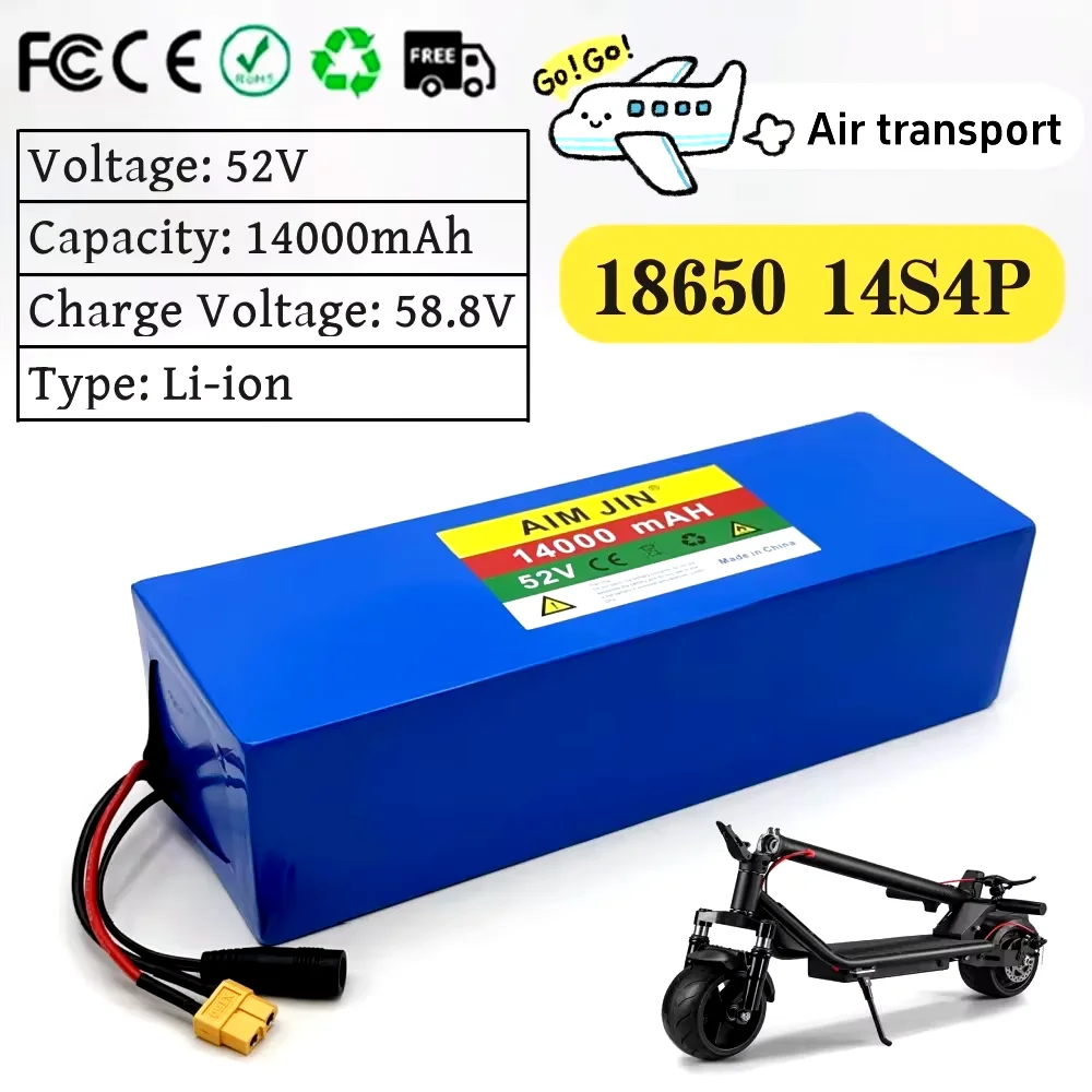 

18650 battery 14S4P 52V Rechargeable Li-ion Battery Pack 14AH for 1500W Electric Bike Scooter Balance Car Toy Built-in BMS