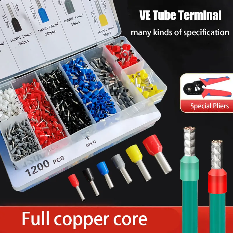 450-1900 PCS Boxed VE tube type terminal pin type pre-insulated wiring cold compression terminal crimping pliers multiple model