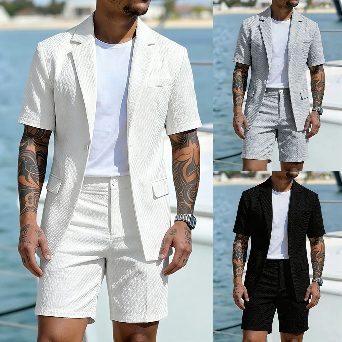 Mens Lightweight Textured Co Ord Suit Notched Lapel Short Sleeve Single Breasted Blazer Matching Shorts Summer Smart Casual Two