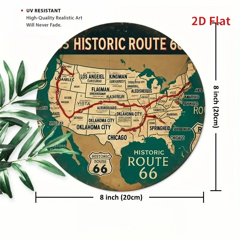 One vintage 66th Road map wall decoration - Classic historical American 66th Highway with state symbols, 2D flat printing