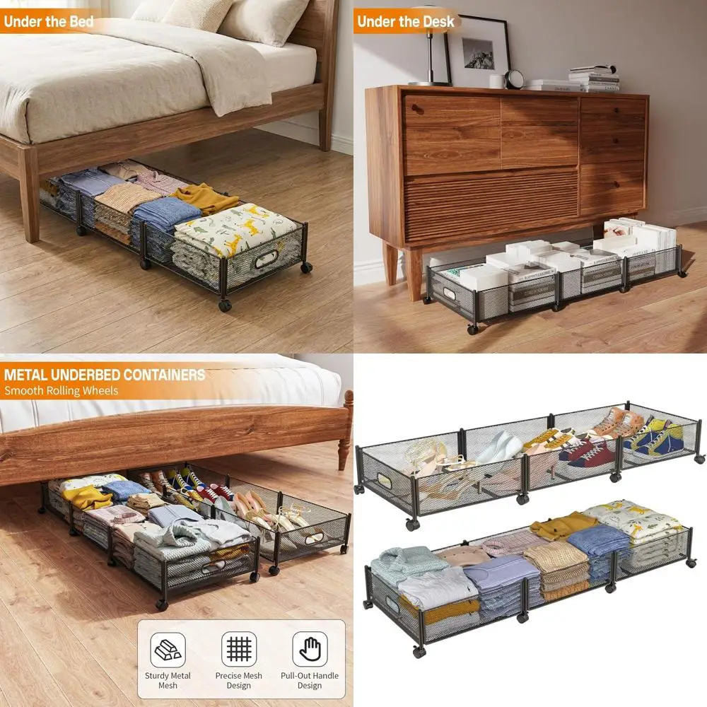 

Dual Rolling Underbed Storage Containers with Wheels, 47.2 Length, 90 lbs Capacity, 57.6 L Volume for Shoes, Clothes, and Toys