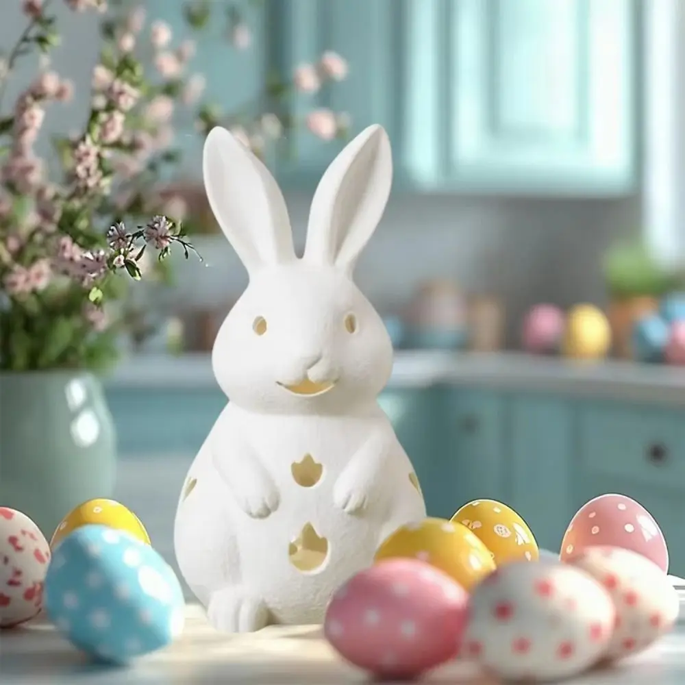 Creative Easter Bunny Ornament Cute Bunny White Rabbit Candlestick Hollowed Out Tea Light Opening Bunny Candle Holder
