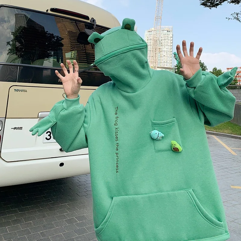 Unisex Frog Zipper Hoodie Fleece Lined Springtime Embroidery oversized Sweatshirt Harajuku Warm Pullover Korean Style Dropship