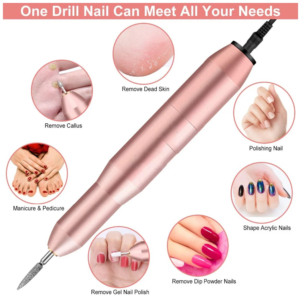 

Nail Drill Pen Electric USB Nail Art Grinder Machine Adjustable Manicure Pedicure Mill Polisher, Rose Red