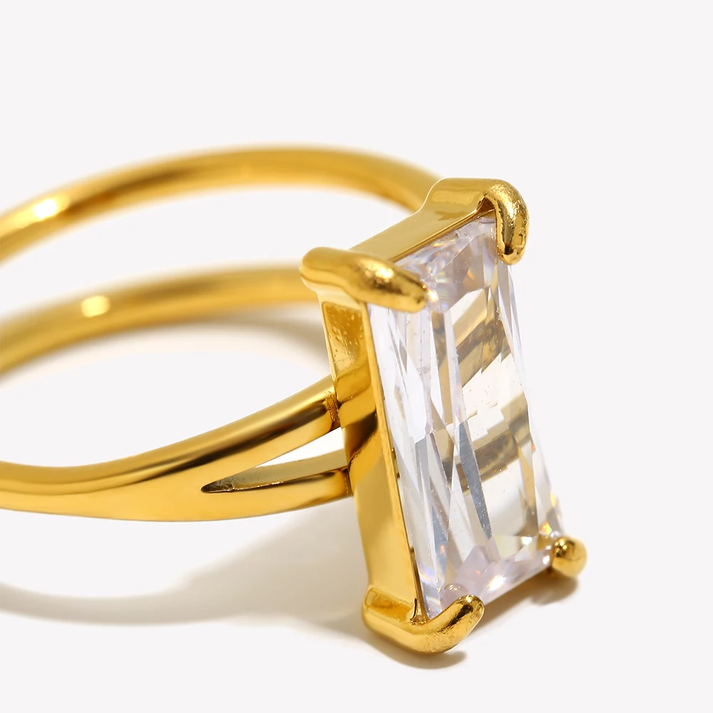 E.B.belle Double Layer Asymmetric Rectangular Rhinestone Ring Waterproof 18K Gold Plated Stainless Steel Jewelry For Ladies
