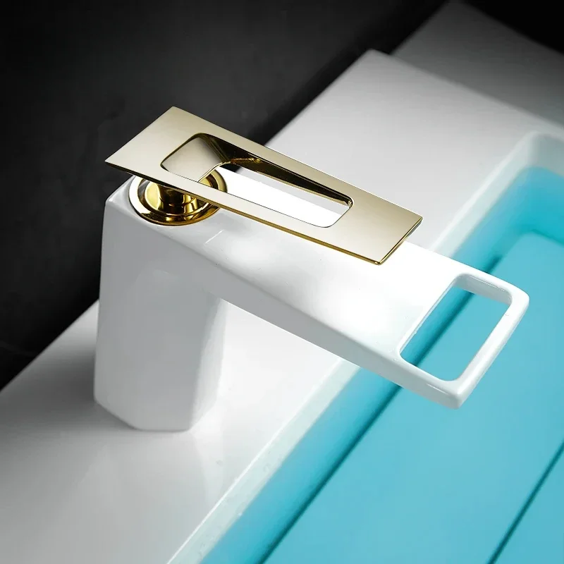 White/Gold Waterfall Basin Faucet Deck Mounted Bathroom Mixer Tap Single Hole Single Handle Modern Washbasin Crane