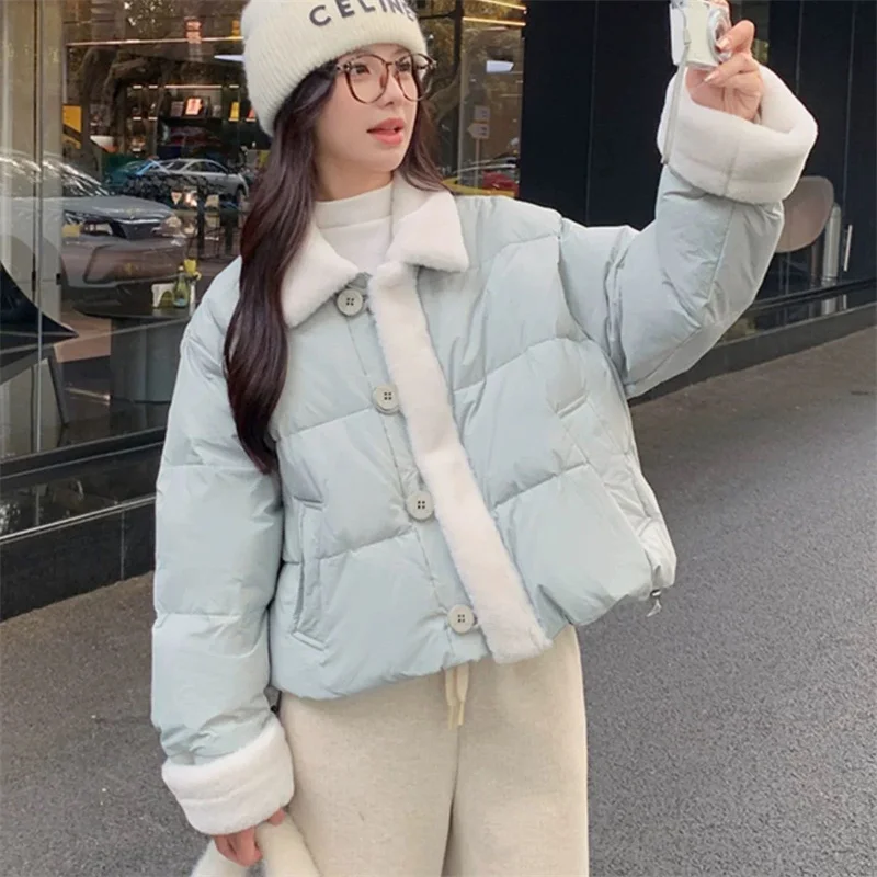 Winter Lady Lamb Wool Parkas Outwear Korean Women Fashion Lapel Down Cotton Jacket Autumn Female Long Sleeved Cotton Padded Coat