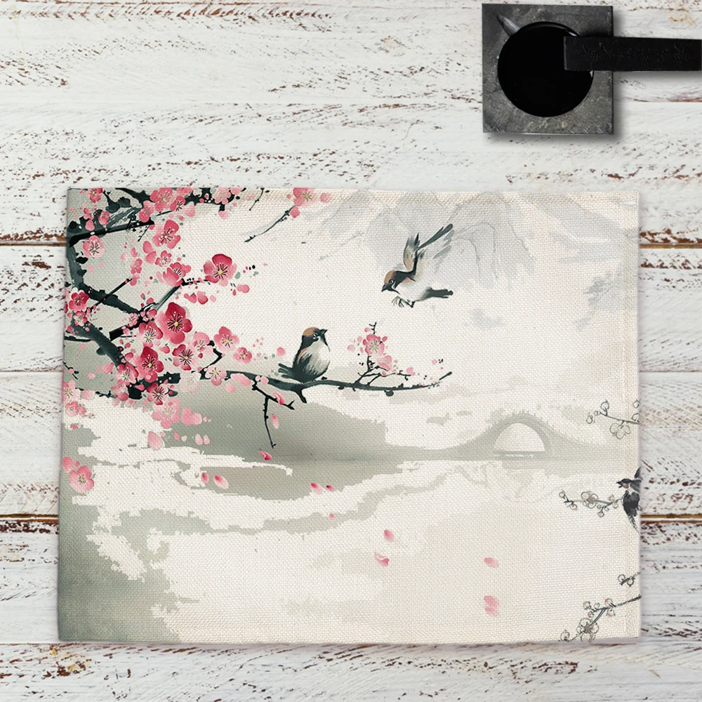 Ink Painting Chinese Landscape Placemat Kitchen Decor Linen Dining Table Mats Coaster Pad Bowl Coffee Cup Mat Tablecloth