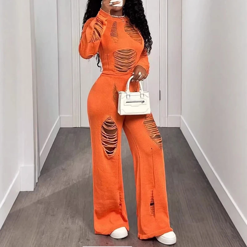 Sexy Woolen Hollow Top+Ripped Flared Pants 2pc Set Fashion O-neck Slim Fit Holiday Suit Casual Solid Long Sleeved Elastic Outfit