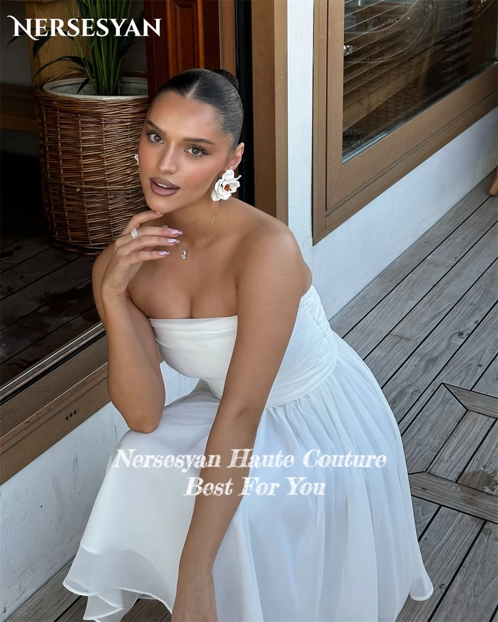 Nersesyan – robe de bal élégante en mousseline de soie, plissée, épaules dénudées, dos nu, longueur aux genoux, robes de soirée d'invitées de mariage personnalisées