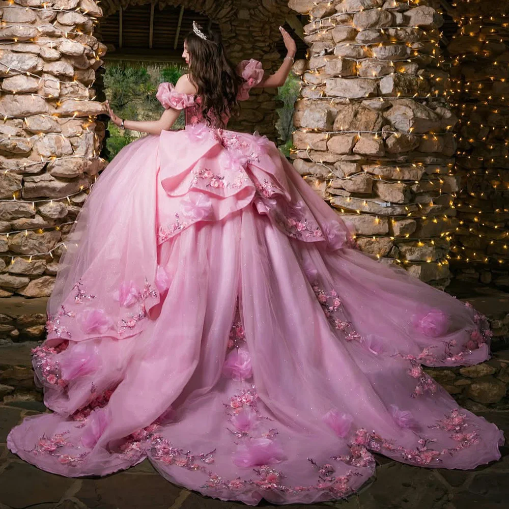 

Розовое бальное платье из тюля для Quinceanera с бантом и кружевными аппликациями, мексиканские платья для Sweet 16, Vestidos De 15 Años