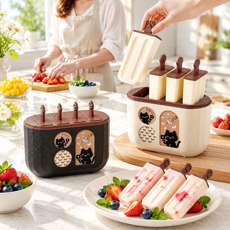 4-Link Ice Cream Molds Home Made Homemade Cute Cat Paw Ice Cream Mold with An External Thawing Box Ice Cream Box Ice-lolly Mold