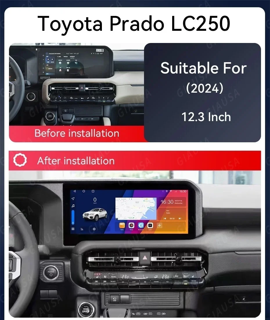 

12,3-дюймовый экран Android для Toyota Prado LC250 2023 2024, мультимедийный видеоплеер, автомобильное радио, авто Carplay, навигация, головное устройство Monito