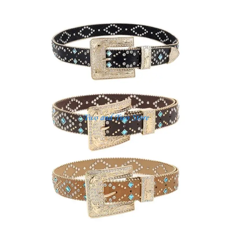 HX6F Mode Ruit Klinknagel Riem voor Meisje Gesp Riem Tailleband PU Lederen Riem Kralen Trim Vrouwen Esthetische Riem