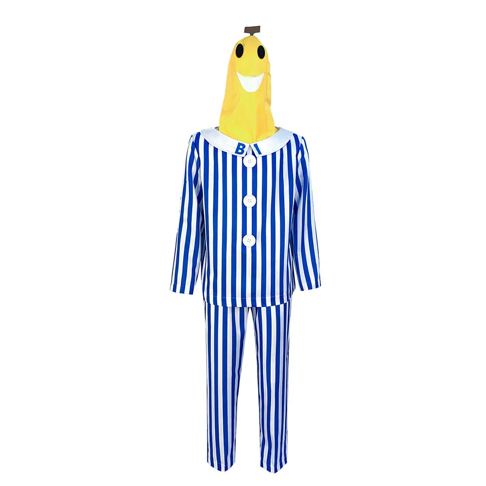 

Adult Bananas In Pajamas Costume Blue White Stripe Shirt Pants With Banana Head Men Women Fancy Dress Party Costume Halloween